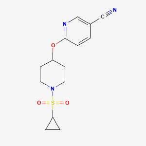 molecular formula C14H17N3O3S B2609512 6-((1-(环丙基磺酰基)哌啶-4-基)氧基)烟腈 CAS No. 1428356-75-5