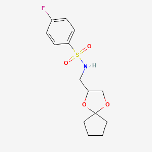 molecular formula C14H18FNO4S B2609527 N-(1,4-二氧杂螺[4.4]壬烷-2-基甲基)-4-氟苯磺酰胺 CAS No. 899962-98-2