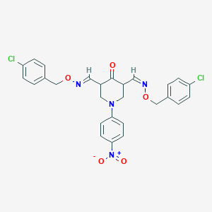 molecular formula C27H24Cl2N4O5 B2609549 3-[(1E)-{[(4-chlorophenyl)methoxy]imino}methyl]-5-[(1Z)-{[(4-chlorophenyl)methoxy]imino}methyl]-1-(4-nitrophenyl)piperidin-4-one CAS No. 338791-52-9