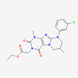 molecular formula C20H22ClN5O4 B2609578 ethyl 2-[9-(3-chlorophenyl)-1,7-dimethyl-2,4-dioxo-7,8-dihydro-6H-purino[7,8-a]pyrimidin-3-yl]acetate CAS No. 876900-90-2