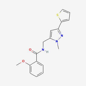 molecular formula C17H17N3O2S B2609582 2-Methoxy-N-[(2-methyl-5-thiophen-2-ylpyrazol-3-yl)methyl]benzamide CAS No. 2309347-23-5