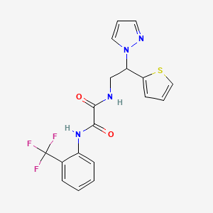 molecular formula C18H15F3N4O2S B2609587 N1-(2-(1H-pyrazol-1-yl)-2-(thiophen-2-yl)ethyl)-N2-(2-(trifluoromethyl)phenyl)oxalamide CAS No. 2034542-77-1