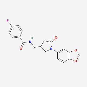 molecular formula C19H17FN2O4 B2609606 N-((1-(benzo[d][1,3]dioxol-5-yl)-5-oxopyrrolidin-3-yl)methyl)-4-fluorobenzamide CAS No. 954686-19-2