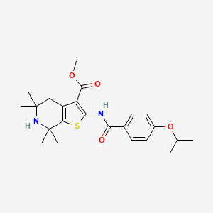molecular formula C23H30N2O4S B2609607 5,5,7,7-Tetramethyl-2-[[oxo-(4-propan-2-yloxyphenyl)methyl]amino]-4,6-dihydrothieno[2,3-c]pyridine-3-carboxylic acid methyl ester CAS No. 887901-12-4