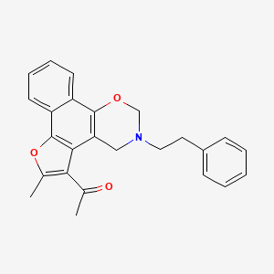 molecular formula C25H23NO3 B2609642 1-(6-methyl-3-phenethyl-3,4-dihydro-2H-furo[3',2':3,4]naphtho[2,1-e][1,3]oxazin-5-yl)ethanone CAS No. 526188-55-6