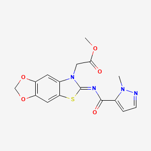 molecular formula C16H14N4O5S B2609673 (E)-methyl 2-(6-((1-methyl-1H-pyrazole-5-carbonyl)imino)-[1,3]dioxolo[4',5':4,5]benzo[1,2-d]thiazol-7(6H)-yl)acetate CAS No. 1173618-01-3