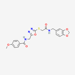 molecular formula C21H20N4O6S B2609689 N-[[5-[2-(1,3-benzodioxol-5-ylmethylamino)-2-oxoethyl]sulfanyl-1,3,4-oxadiazol-2-yl]methyl]-4-methoxybenzamide CAS No. 851783-84-1
