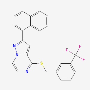 molecular formula C24H16F3N3S B2609697 2-(1-Naphthyl)-4-{[3-(trifluoromethyl)benzyl]thio}pyrazolo[1,5-a]pyrazine CAS No. 1223976-94-0