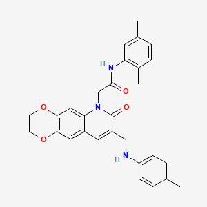 molecular formula C29H29N3O4 B2609726 N-(2,5-dimethylphenyl)-2-(7-oxo-8-((p-tolylamino)methyl)-2,3-dihydro-[1,4]dioxino[2,3-g]quinolin-6(7H)-yl)acetamide CAS No. 894552-31-9
