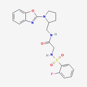 molecular formula C20H21FN4O4S B2609767 N-((1-(苯并[d]恶唑-2-基)吡咯烷-2-基)甲基)-2-(2-氟苯磺酰氨基)乙酰胺 CAS No. 1788533-87-8
