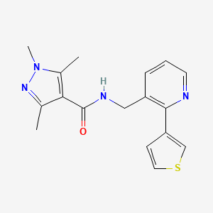 molecular formula C17H18N4OS B2609794 1,3,5-trimethyl-N-((2-(thiophen-3-yl)pyridin-3-yl)methyl)-1H-pyrazole-4-carboxamide CAS No. 2034596-14-8