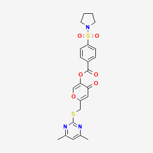 molecular formula C23H23N3O6S2 B2609815 6-(((4,6-dimethylpyrimidin-2-yl)thio)methyl)-4-oxo-4H-pyran-3-yl 4-(pyrrolidin-1-ylsulfonyl)benzoate CAS No. 877637-70-2