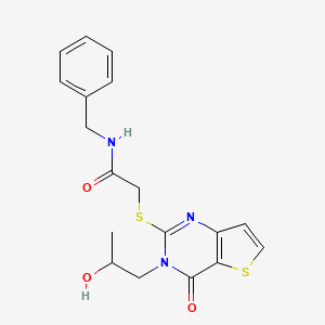 molecular formula C18H19N3O3S2 B2609875 N-benzyl-2-((3-(2-hydroxypropyl)-4-oxo-3,4-dihydrothieno[3,2-d]pyrimidin-2-yl)thio)acetamide CAS No. 1798620-60-6