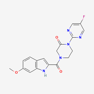 molecular formula C18H16FN5O3 B2609960 1-(5-fluoropyrimidin-2-yl)-4-(6-methoxy-1H-indole-2-carbonyl)piperazin-2-one CAS No. 2309220-64-0