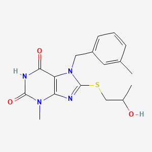 molecular formula C17H20N4O3S B2610007 8-(2-Hydroxypropylsulfanyl)-3-methyl-7-[(3-methylphenyl)methyl]purine-2,6-dione CAS No. 303973-42-4