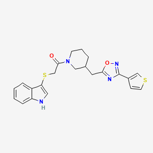 molecular formula C22H22N4O2S2 B2610013 2-((1H-吲哚-3-基)硫代)-1-(3-((3-(噻吩-3-基)-1,2,4-恶二唑-5-基)甲基)哌啶-1-基)乙酮 CAS No. 1704539-33-2