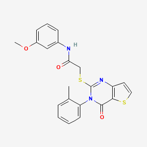 molecular formula C22H19N3O3S2 B2610038 N-(3-methoxyphenyl)-2-{[3-(2-methylphenyl)-4-oxo-3,4-dihydrothieno[3,2-d]pyrimidin-2-yl]sulfanyl}acetamide CAS No. 1291833-95-8