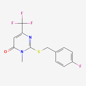 molecular formula C13H10F4N2OS B2610055 2-((4-Fluorobenzyl)sulfanyl)-3-methyl-6-(trifluoromethyl)-4(3H)-pyrimidinone CAS No. 339101-66-5