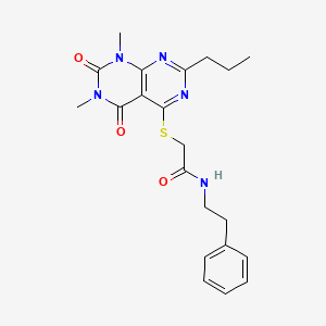 molecular formula C21H25N5O3S B2610070 2-((6,8-dimethyl-5,7-dioxo-2-propyl-5,6,7,8-tetrahydropyrimido[4,5-d]pyrimidin-4-yl)thio)-N-phenethylacetamide CAS No. 863002-48-6