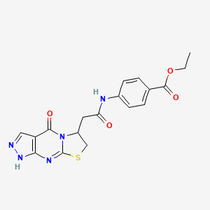 molecular formula C18H17N5O4S B2610085 Ethyl 4-(2-(4-oxo-1,4,6,7-tetrahydropyrazolo[3,4-d]thiazolo[3,2-a]pyrimidin-6-yl)acetamido)benzoate CAS No. 946329-04-0