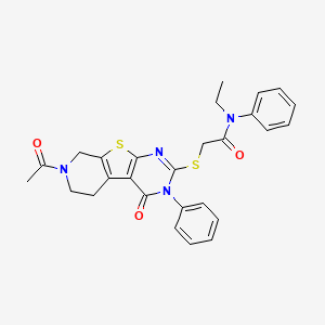 molecular formula C27H26N4O3S2 B2610091 2-((7-acetyl-4-oxo-3-phenyl-3,4,5,6,7,8-hexahydropyrido[4',3':4,5]thieno[2,3-d]pyrimidin-2-yl)thio)-N-ethyl-N-phenylacetamide CAS No. 1216625-54-5