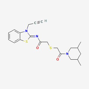molecular formula C21H25N3O2S2 B2610133 2-[2-(3,5-dimethylpiperidin-1-yl)-2-oxoethyl]sulfanyl-N-(3-prop-2-ynyl-1,3-benzothiazol-2-ylidene)acetamide CAS No. 851717-47-0