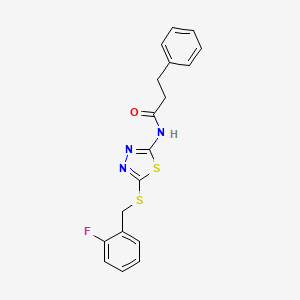 molecular formula C18H16FN3OS2 B2610186 N-{5-[(2-fluorobenzyl)sulfanyl]-1,3,4-thiadiazol-2-yl}-3-phenylpropanamide CAS No. 535945-91-6