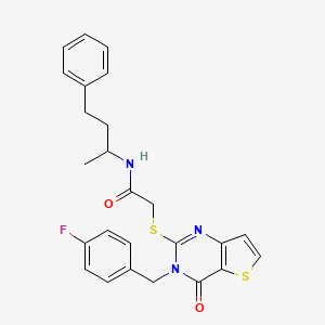 molecular formula C25H24FN3O2S2 B2610212 2-[[3-(4-氟苄基)-4-氧代-3,4-二氢噻吩并[3,2-d]嘧啶-2-基]硫代]-N-(4-苯基丁-2-基)乙酰胺 CAS No. 894243-44-8