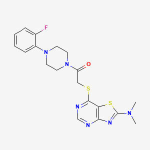 molecular formula C19H21FN6OS2 B2610240 2-((2-(二甲氨基)噻唑并[4,5-d]嘧啶-7-基)硫代)-1-(4-(2-氟苯基)哌嗪-1-基)乙酮 CAS No. 1189485-06-0