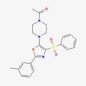 molecular formula C22H23N3O4S B2610373 1-(4-(4-(苯磺酰基)-2-(间甲苯基)恶唑-5-基)哌嗪-1-基)乙酮 CAS No. 946201-16-7