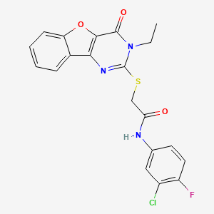 molecular formula C20H15ClFN3O3S B2610497 N-(3-氯-4-氟苯基)-2-((3-乙基-4-氧代-3,4-二氢苯并呋喃[3,2-d]嘧啶-2-硫基)乙酰胺 CAS No. 923257-57-2
