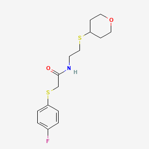 molecular formula C15H20FNO2S2 B2610506 2-((4-fluorophenyl)thio)-N-(2-((tetrahydro-2H-pyran-4-yl)thio)ethyl)acetamide CAS No. 2034424-13-8