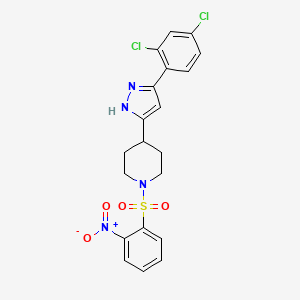 molecular formula C20H18Cl2N4O4S B2610671 4-[3-(2,4-dichlorophenyl)-1H-pyrazol-5-yl]-1-(2-nitrophenyl)sulfonylpiperidine CAS No. 1031236-58-4