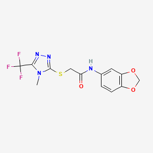 molecular formula C13H11F3N4O3S B2610681 N-(2H-1,3-benzodioxol-5-yl)-2-{[4-methyl-5-(trifluoromethyl)-4H-1,2,4-triazol-3-yl]sulfanyl}acetamide CAS No. 256955-19-8