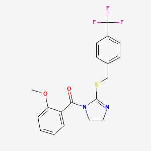 molecular formula C19H17F3N2O2S B2610688 (2-Methoxyphenyl)-[2-[[4-(trifluoromethyl)phenyl]methylsulfanyl]-4,5-dihydroimidazol-1-yl]methanone CAS No. 851805-99-7