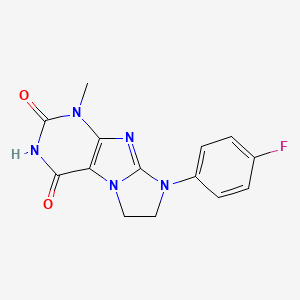 molecular formula C14H12FN5O2 B2610727 8-(4-Fluorophenyl)-1-methyl-1,3,5-trihydroimidazolidino[1,2-h]purine-2,4-dione CAS No. 838871-20-8
