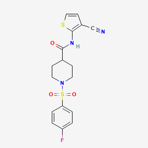 molecular formula C17H16FN3O3S2 B2610735 N-(3-cyanothiophen-2-yl)-1-(4-fluorophenyl)sulfonylpiperidine-4-carboxamide CAS No. 923396-30-9