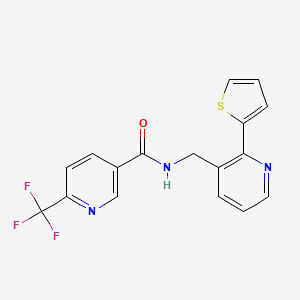 molecular formula C17H12F3N3OS B2610856 N-((2-(thiophen-2-yl)pyridin-3-yl)methyl)-6-(trifluoromethyl)nicotinamide CAS No. 2034447-87-3