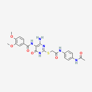 molecular formula C23H24N6O6S B2610939 N-(2-((2-((4-acetamidophenyl)amino)-2-oxoethyl)thio)-4-amino-6-oxo-1,6-dihydropyrimidin-5-yl)-3,4-dimethoxybenzamide CAS No. 888422-35-3