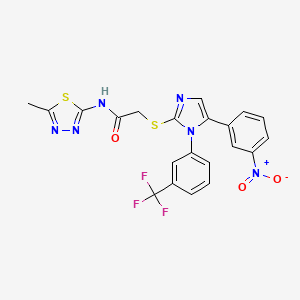 molecular formula C21H15F3N6O3S2 B2611000 N-(5-methyl-1,3,4-thiadiazol-2-yl)-2-((5-(3-nitrophenyl)-1-(3-(trifluoromethyl)phenyl)-1H-imidazol-2-yl)thio)acetamide CAS No. 1226440-46-5