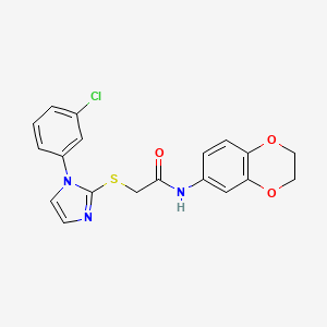 molecular formula C19H16ClN3O3S B2611035 2-[1-(3-chlorophenyl)imidazol-2-yl]sulfanyl-N-(2,3-dihydro-1,4-benzodioxin-6-yl)acetamide CAS No. 851078-95-0