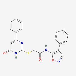 molecular formula C21H16N4O3S B2611036 2-((6-氧代-4-苯基-1,6-二氢嘧啶-2-基)硫代)-N-(4-苯基异恶唑-5-基)乙酰胺 CAS No. 1021254-46-5