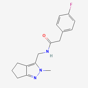 molecular formula C16H18FN3O B2611045 2-(4-fluorophenyl)-N-((2-methyl-2,4,5,6-tetrahydrocyclopenta[c]pyrazol-3-yl)methyl)acetamide CAS No. 2034370-96-0