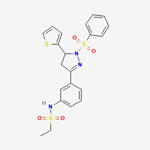 molecular formula C21H21N3O4S3 B2611154 N-{3-[1-(phenylsulfonyl)-5-(2-thienyl)-4,5-dihydro-1H-pyrazol-3-yl]phenyl}ethanesulfonamide CAS No. 714263-26-0
