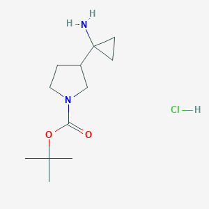 molecular formula C12H23ClN2O2 B2611162 Tert-butyl 3-(1-aminocyclopropyl)pyrrolidine-1-carboxylate hcl CAS No. 2155855-57-3