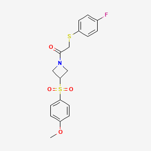 molecular formula C18H18FNO4S2 B2611259 2-((4-氟苯基)硫代)-1-(3-((4-甲氧苯基)磺酰基)氮杂环丁-1-基)乙酮 CAS No. 1705792-09-1