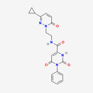 molecular formula C20H19N5O4 B2611359 N-(2-(3-cyclopropyl-6-oxopyridazin-1(6H)-yl)ethyl)-2,6-dioxo-1-phenyl-1,2,3,6-tetrahydropyrimidine-4-carboxamide CAS No. 2034564-04-8