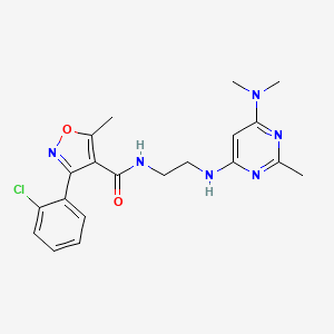 molecular formula C20H23ClN6O2 B2611416 3-(2-chlorophenyl)-N-(2-((6-(dimethylamino)-2-methylpyrimidin-4-yl)amino)ethyl)-5-methylisoxazole-4-carboxamide CAS No. 1203316-31-7