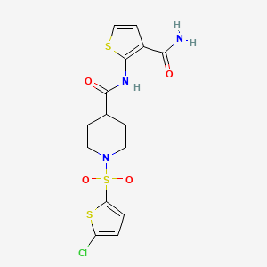 molecular formula C15H16ClN3O4S3 B2611427 N-(3-carbamoylthiophen-2-yl)-1-((5-chlorothiophen-2-yl)sulfonyl)piperidine-4-carboxamide CAS No. 899732-37-7