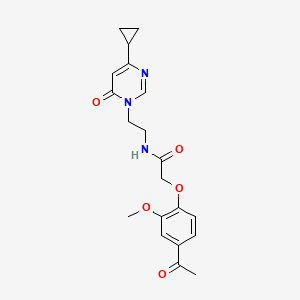 molecular formula C20H23N3O5 B2611438 2-(4-acetyl-2-methoxyphenoxy)-N-(2-(4-cyclopropyl-6-oxopyrimidin-1(6H)-yl)ethyl)acetamide CAS No. 2034357-85-0